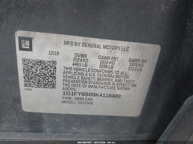 45937607 :رقم المزاد ، 1G1FY6S00K4118489 vin ، 2019 Chevrolet Bolt Ev Lt مزاد بيع