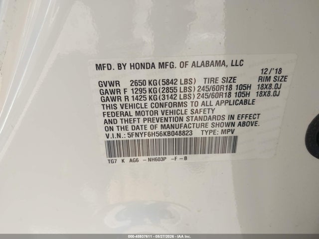 45937611 :رقم المزاد ، 5FNYF6H56KB048823 vin ، 2019 Honda Pilot Ex-l مزاد بيع