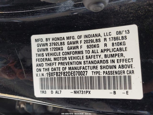 2013 Honda Civic Ex მანქანა იყიდება აუქციონზე, vin: 19XFB2F82DE070027, აუქციონის ნომერი: 45937618