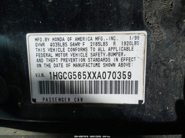 Aukcja sprzedaży 1999 Honda Accord Ex, vin: 1HGCG565XXA070359, numer aukcji: 45937619