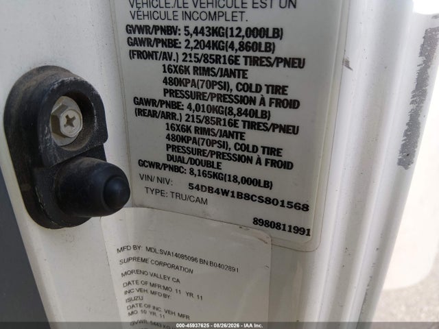 2012 Isuzu Npr მანქანა იყიდება აუქციონზე, vin: 54DB4W1B8CS801568, აუქციონის ნომერი: 45937625