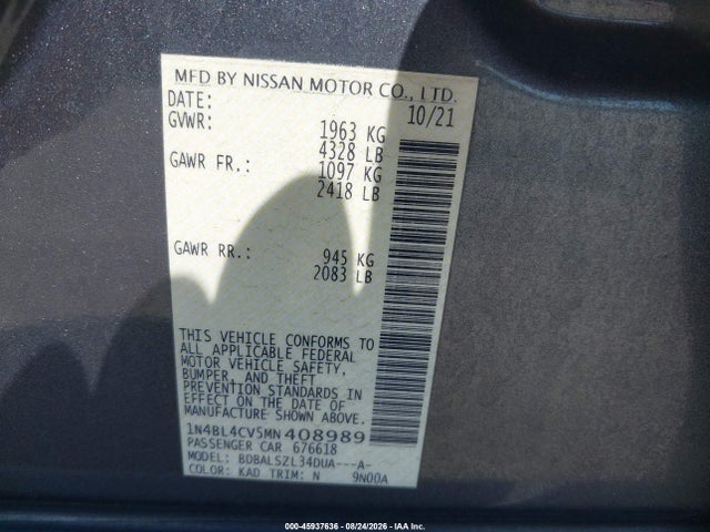 Продажа на аукционе авто 2021 Nissan Altima Sr Fwd, vin: 1N4BL4CV5MN408989, номер лота: 45937636