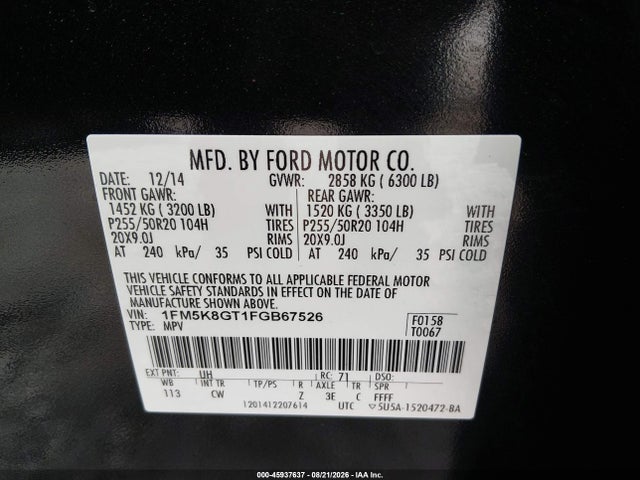 Ford EXPLORER SPORT 2015 1FM5K8GT1FGB67526 Image 9