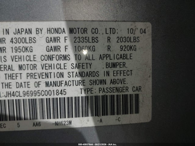 Продажа на аукционе авто 2005 Acura Tsx, vin: JH4CL96995C001845, номер лота: 45937644