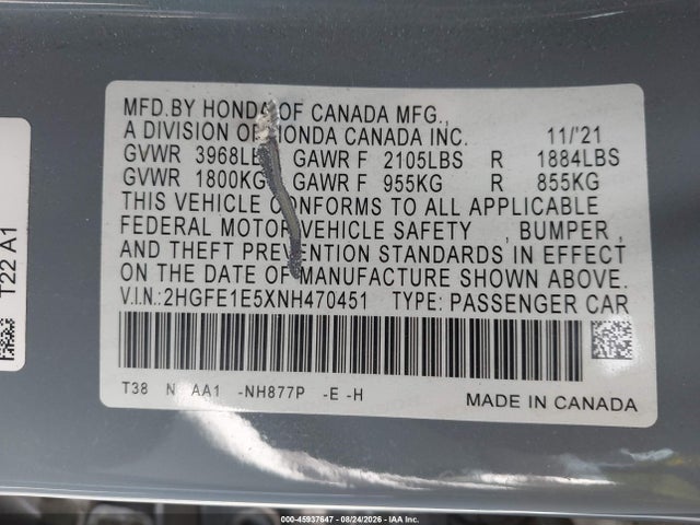 2022 Honda Civic Si Sedan მანქანა იყიდება აუქციონზე, vin: 2HGFE1E5XNH470451, აუქციონის ნომერი: 45937647