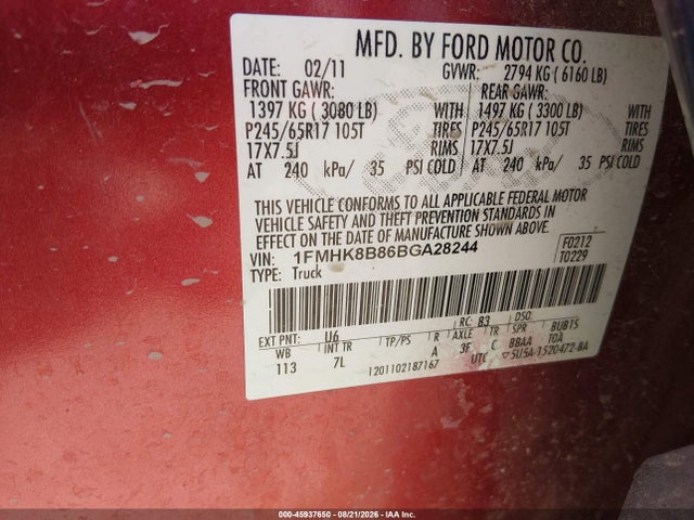 2011 Ford Explorer მანქანა იყიდება აუქციონზე, vin: 1FMHK8B86BGA28244, აუქციონის ნომერი: 45937650