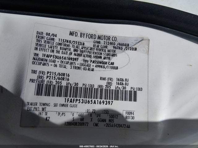 45937653 :رقم المزاد ، 1FAFP53U65A169397 vin ، 2005 Ford Taurus Se مزاد بيع