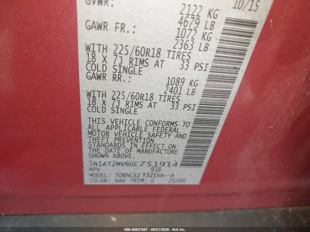 45937657 :رقم المزاد ، 5N1AT2MV6GC751914 vin ، 2016 Nissan Rogue Sl مزاد بيع