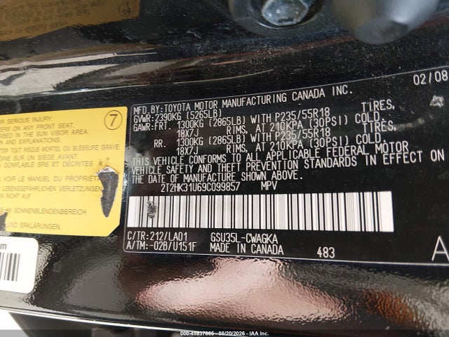 45937665 :رقم المزاد ، 2T2HK31U69C099857 vin ، 2009 Lexus Rx 350 مزاد بيع