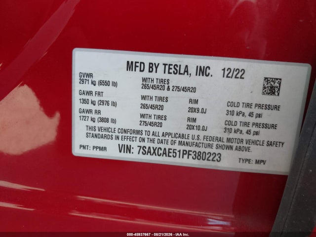 Aukcja sprzedaży 2023 Tesla Model X Dual Motor All-wheel Drive/standard Range, vin: 7SAXCAE51PF380223, numer aukcji: 45937667