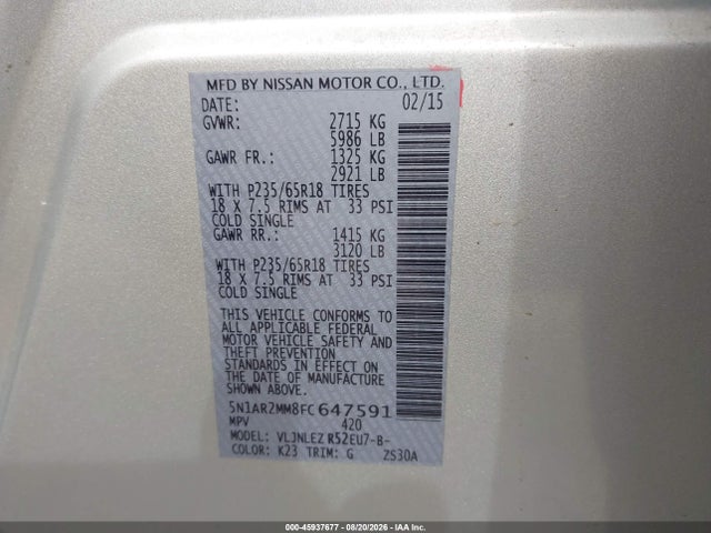 5N1AR2MM8FC647591 Nissan Pathfinder Platinum/s/sl/sv