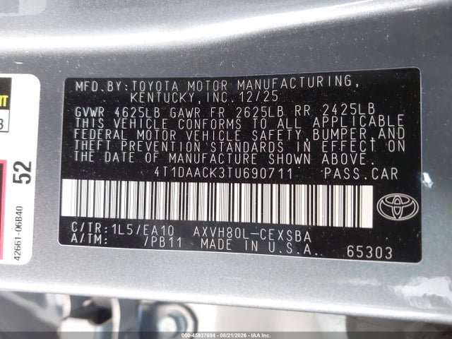 45937694 :رقم المزاد ، 4T1DAACK3TU690711 vin ، 2026 Toyota Camry Se مزاد بيع