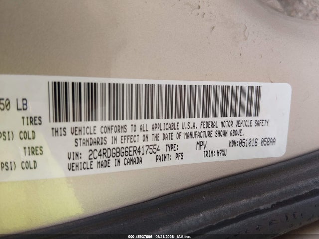 45937696 :رقم المزاد ، 2C4RDGBG6ER417554 vin ، 2014 Dodge Grand Caravan American Value Pkg مزاد بيع