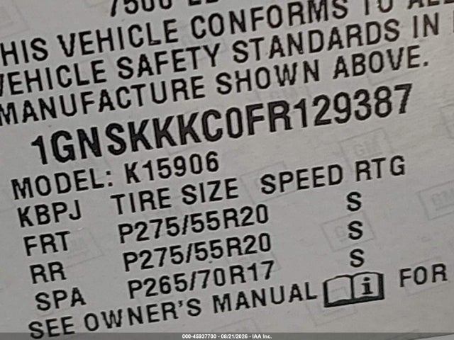 2015 Chevrolet Suburban Ltz მანქანა იყიდება აუქციონზე, vin: 1GNSKKKC0FR129387, აუქციონის ნომერი: 45937700