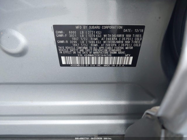 45937701 :رقم المزاد ، 4S4WMACD3K3444148 vin ، 2019 Subaru Ascent Premium مزاد بيع