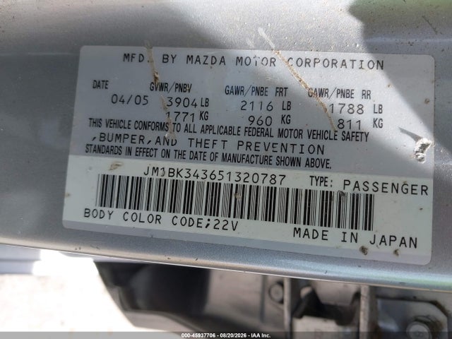 Продаж на аукціоні авто 2005 Mazda Mazda3 S, vin: JM1BK343651320787, номер лоту: 45937706