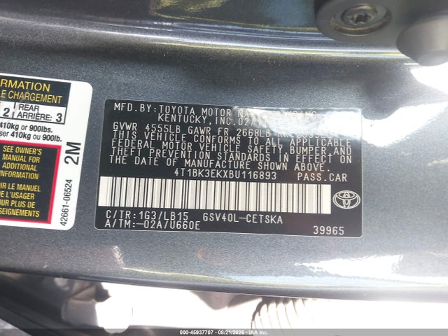 Auction sale of the 2011 Toyota Camry Se V6, vin: 4T1BK3EKXBU116893, lot number: 45937707