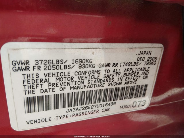 45937733 :رقم المزاد ، JA3AJ26E27U016489 vin ، 2007 Mitsubishi Lancer Es مزاد بيع