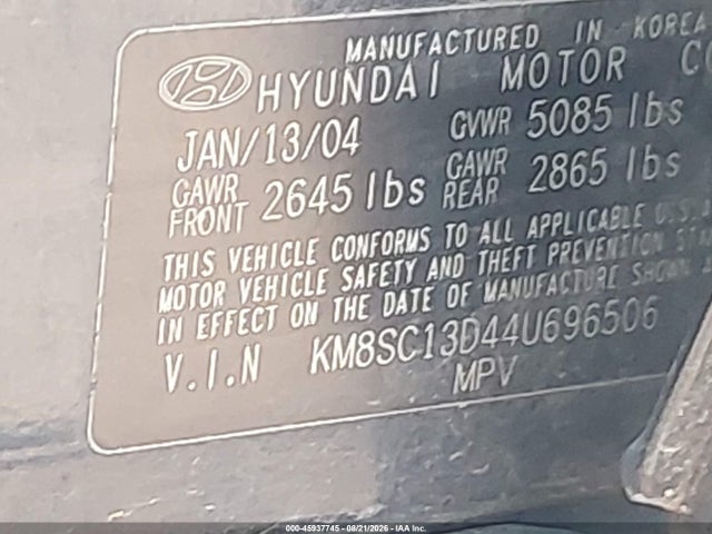 Продаж на аукціоні авто 2004 Hyundai Santa Fe Gls, vin: KM8SC13D44U696506, номер лоту: 45937745