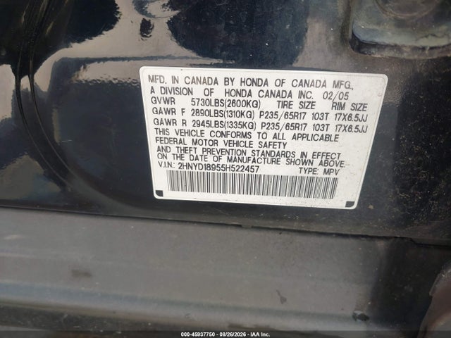Aukcja sprzedaży 2005 Acura Mdx, vin: 2HNYD18955H522457, numer aukcji: 45937750