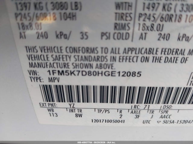 1FM5K7D80HGE12085 Ford EXPLORER XLT