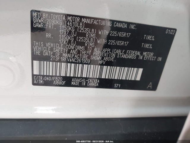 Продаж на аукціоні авто 2022 Toyota Rav4 Le, vin: 2T3F1RFV4NC261909, номер лоту: 45937755