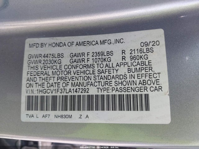 Aukcja sprzedaży 2020 Honda Accord Sport, vin: 1HGCV1F37LA147292, numer aukcji: 45937758
