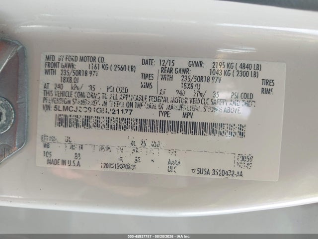 45937787 :رقم المزاد ، 5LMCJ2C91GUJ21177 vin ، 2016 Lincoln Mkc Select مزاد بيع