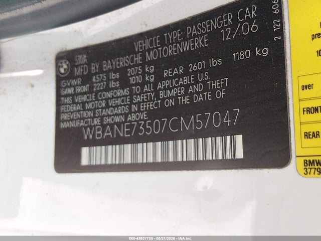 Aukcja sprzedaży 2007 Bmw 530i, vin: WBANE73507CM57047, numer aukcji: 45937788