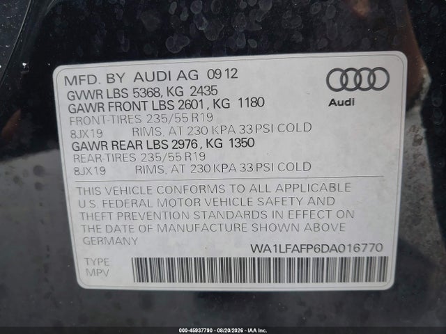 45937790 :رقم المزاد ، WA1LFAFP6DA016770 vin ، 2013 Audi Q5 2.0t Premium مزاد بيع