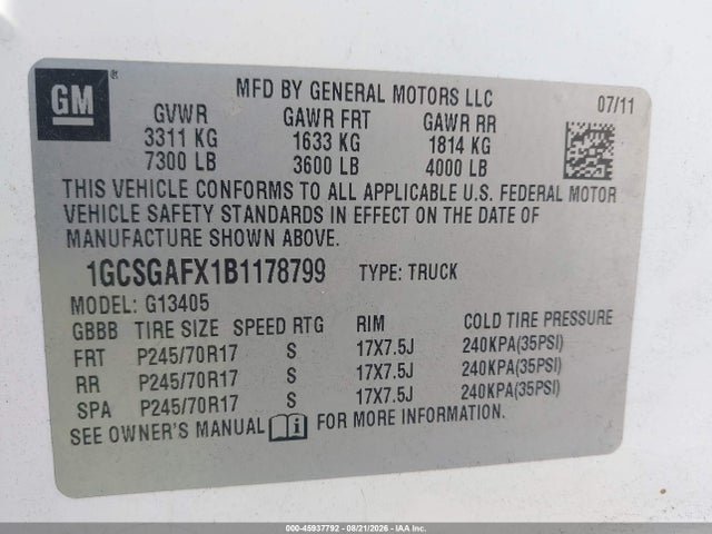 45937792 :رقم المزاد ، 1GCSGAFX1B1178799 vin ، 2011 Chevrolet Express 1500 Work Van مزاد بيع