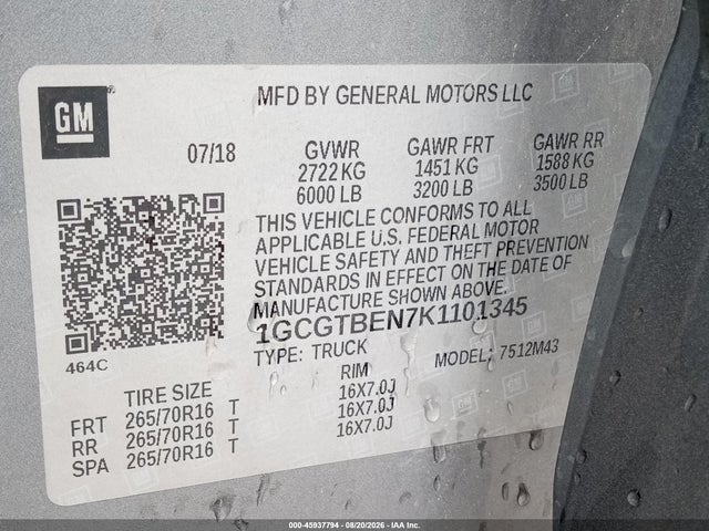 Chevrolet Colorado Wt 2019 1GCGTBEN7K1101345 Image 8
