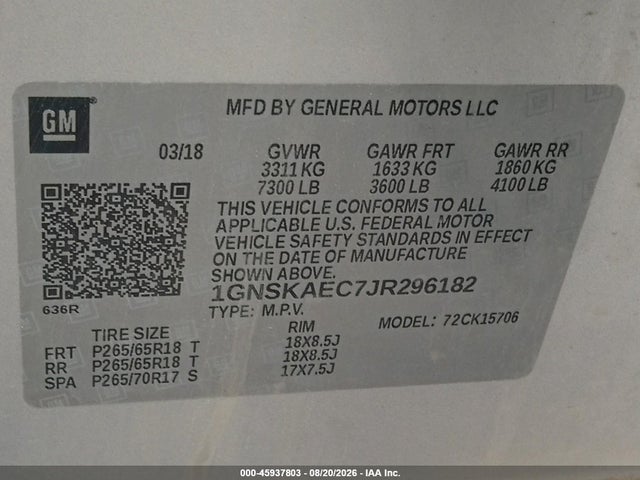 1GNSKAEC7JR296182 Chevrolet Tahoe K1500 Ls