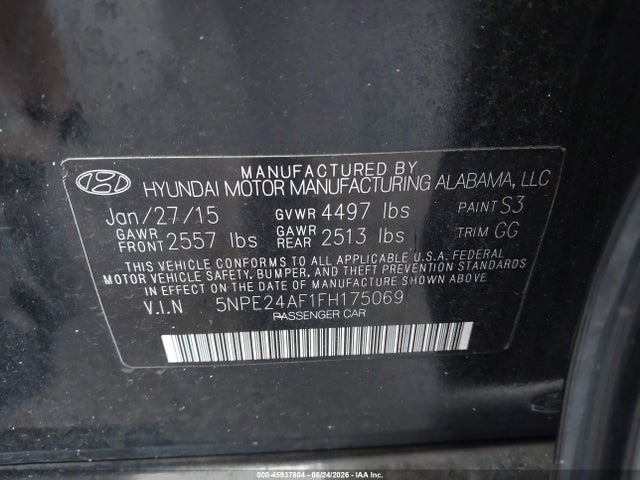 2015 Hyundai Sonata Se მანქანა იყიდება აუქციონზე, vin: 5NPE24AF1FH175069, აუქციონის ნომერი: 45937804