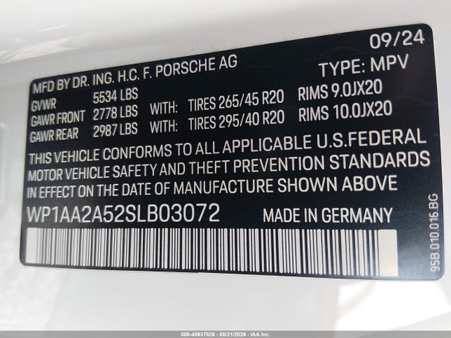 Aukcja sprzedaży 2025 Porsche Macan T, vin: WP1AA2A52SLB03072, numer aukcji: 45937826