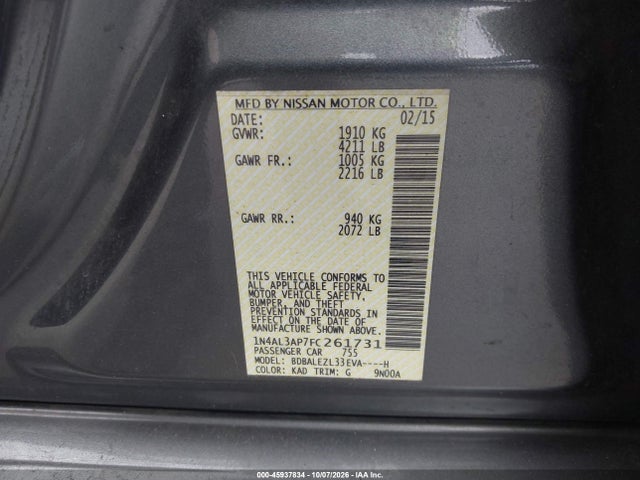 Продаж на аукціоні авто 2015 Nissan Altima 2.5 S, vin: 1N4AL3AP7FC261731, номер лоту: 45937834