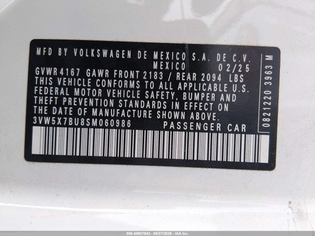 2025 Volkswagen Jetta 1.5t S მანქანა იყიდება აუქციონზე, vin: 3VW5X7BU8SM060986, აუქციონის ნომერი: 45937842