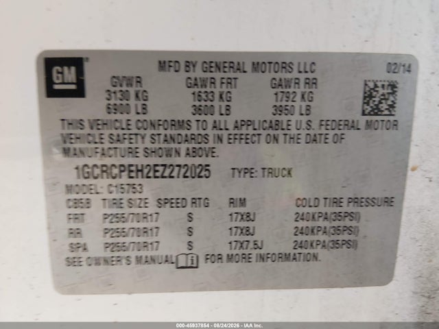 45937854 :رقم المزاد ، 1GCRCPEH2EZ272025 vin ، 2014 Chevrolet Silverado 1500 Work Truck مزاد بيع