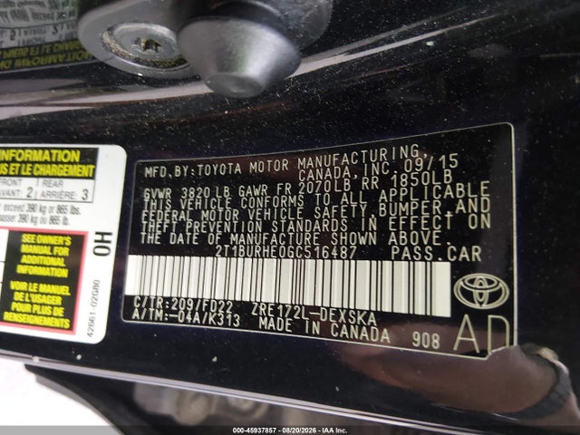 45937857 :رقم المزاد ، 2T1BURHE0GC516487 vin ، 2016 Toyota Corolla S Plus مزاد بيع