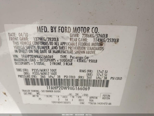 2010 Ford Taurus Se მანქანა იყიდება აუქციონზე, vin: 1FAHP2DW9AG166069, აუქციონის ნომერი: 45937861