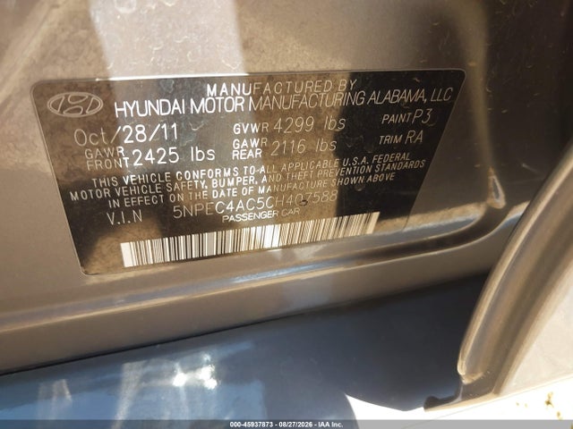 Продажа на аукционе авто 2012 Hyundai Sonata Limited, vin: 5NPEC4AC5CH407588, номер лота: 45937873