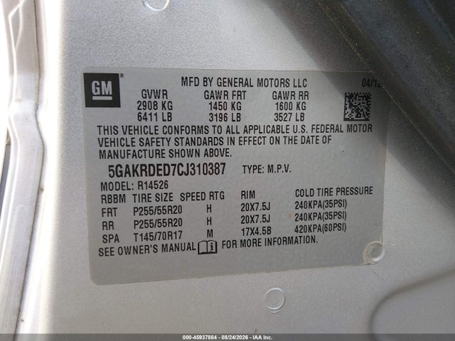 Aukcja sprzedaży 2012 Buick Enclave Premium, vin: 5GAKRDED7CJ310387, numer aukcji: 45937884