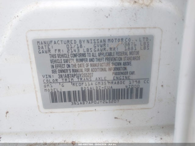 Aukcja sprzedaży 2018 Nissan Sentra Sv, vin: 3N1AB7AP0JY265207, numer aukcji: 45937894
