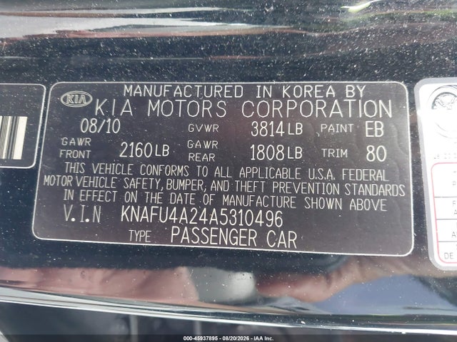 45937895 :رقم المزاد ، KNAFU4A24A5310496 vin ، 2010 Kia Forte Ex مزاد بيع
