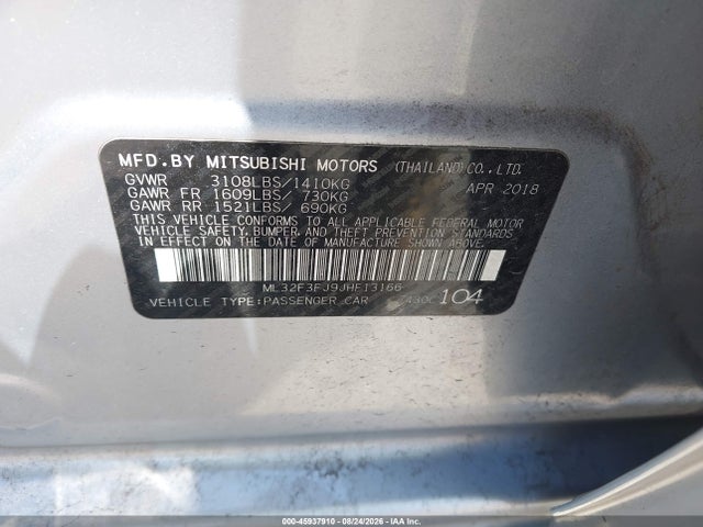 Aukcja sprzedaży 2018 Mitsubishi Mirage G4 Es, vin: ML32F3FJ9JHF13166, numer aukcji: 45937910
