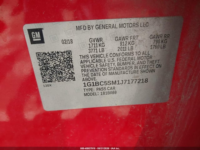 Продаж на аукціоні авто 2018 Chevrolet Cruze Ls Auto, vin: 1G1BC5SM1J7177218, номер лоту: 45937918