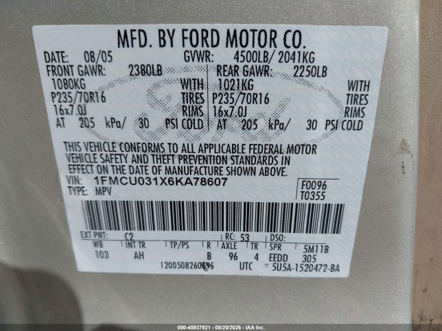 Aukcja sprzedaży 2006 Ford Escape Xlt/xlt Sport, vin: 1FMCU031X6KA78607, numer aukcji: 45937921