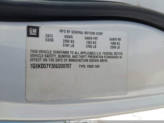 45937930 :رقم المزاد ، 1G6KD57Y36U200767 vin ، 2006 Cadillac Dts 1sb مزاد بيع