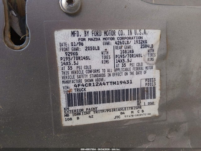 1996 Mazda B2300 მანქანა იყიდება აუქციონზე, vin: 4F4CR12A4TTM19431, აუქციონის ნომერი: 45937954