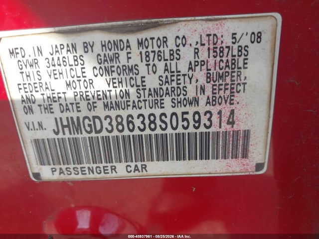 Aukcja sprzedaży 2008 Honda Fit Sport, vin: JHMGD38638S059314, numer aukcji: 45937961